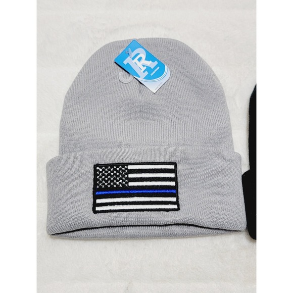 Thin Blue Line Flag Winter Hat Grey Red&Blue Black Police Knit Cap USA One Size - Picture 2 of 4